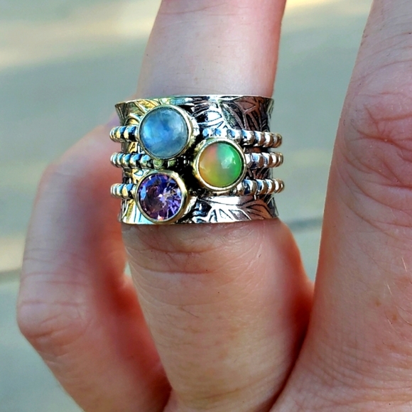 New Ethiopian Opal, Rainbow Moonstone and Pink Topaz Silver Spinner Ring. - Picture 1 of 16
